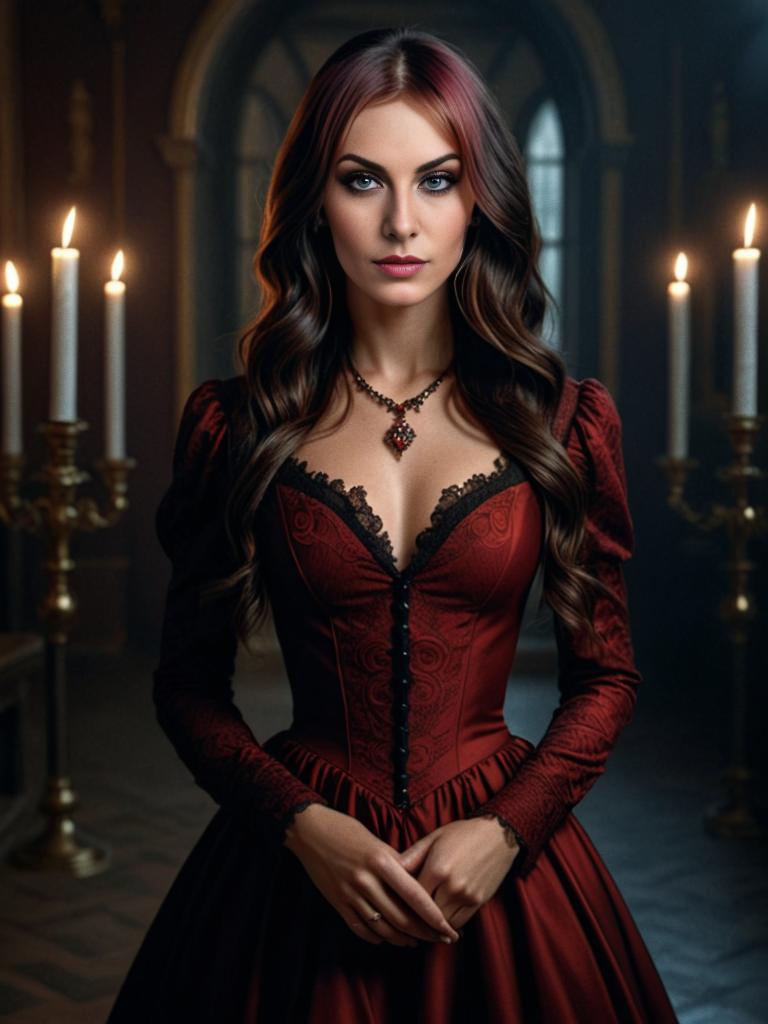 Woman in Red Gown in Gothic Setting