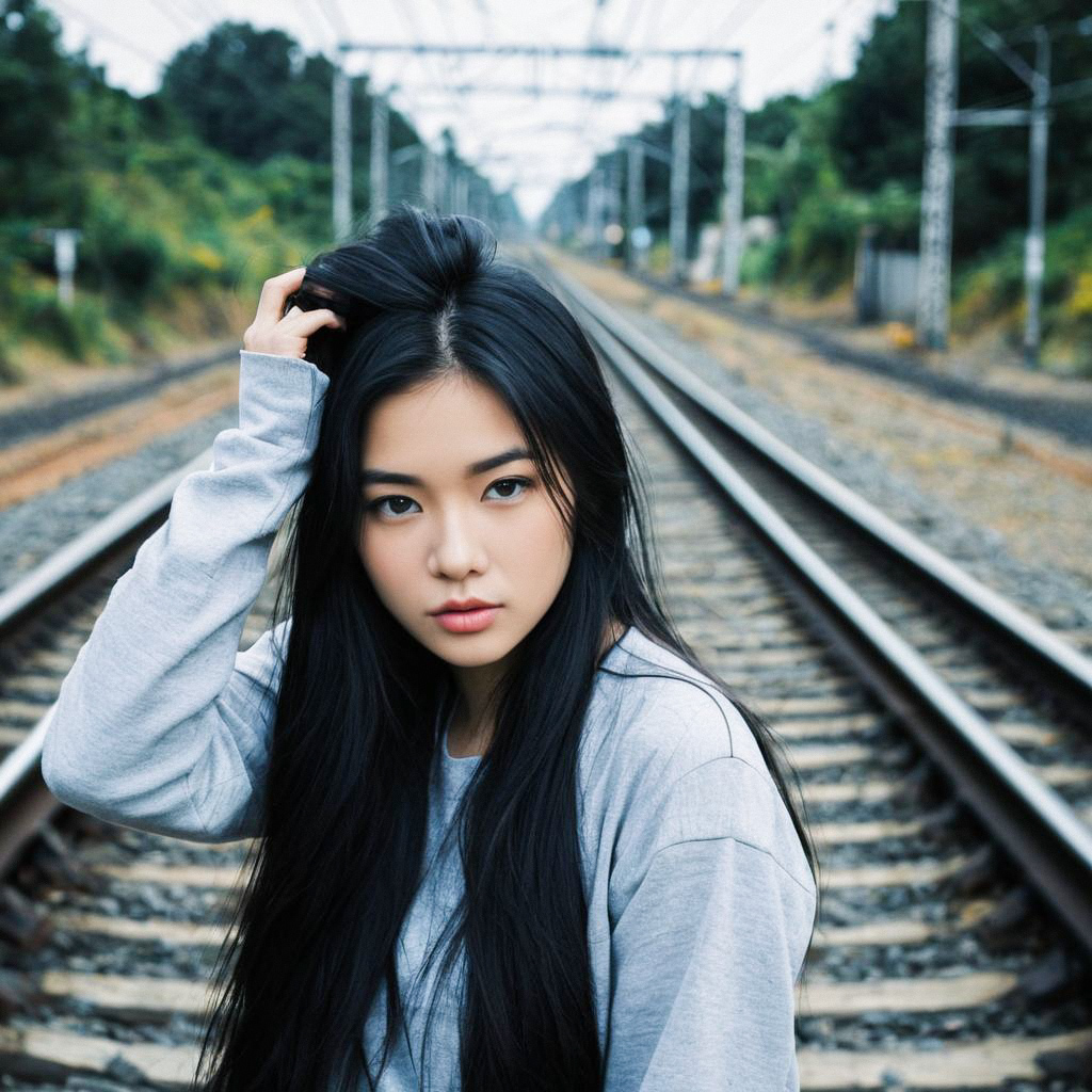 Thoughtful Woman on Railway Tracks Thoughtful Woman on Railway Tracks
