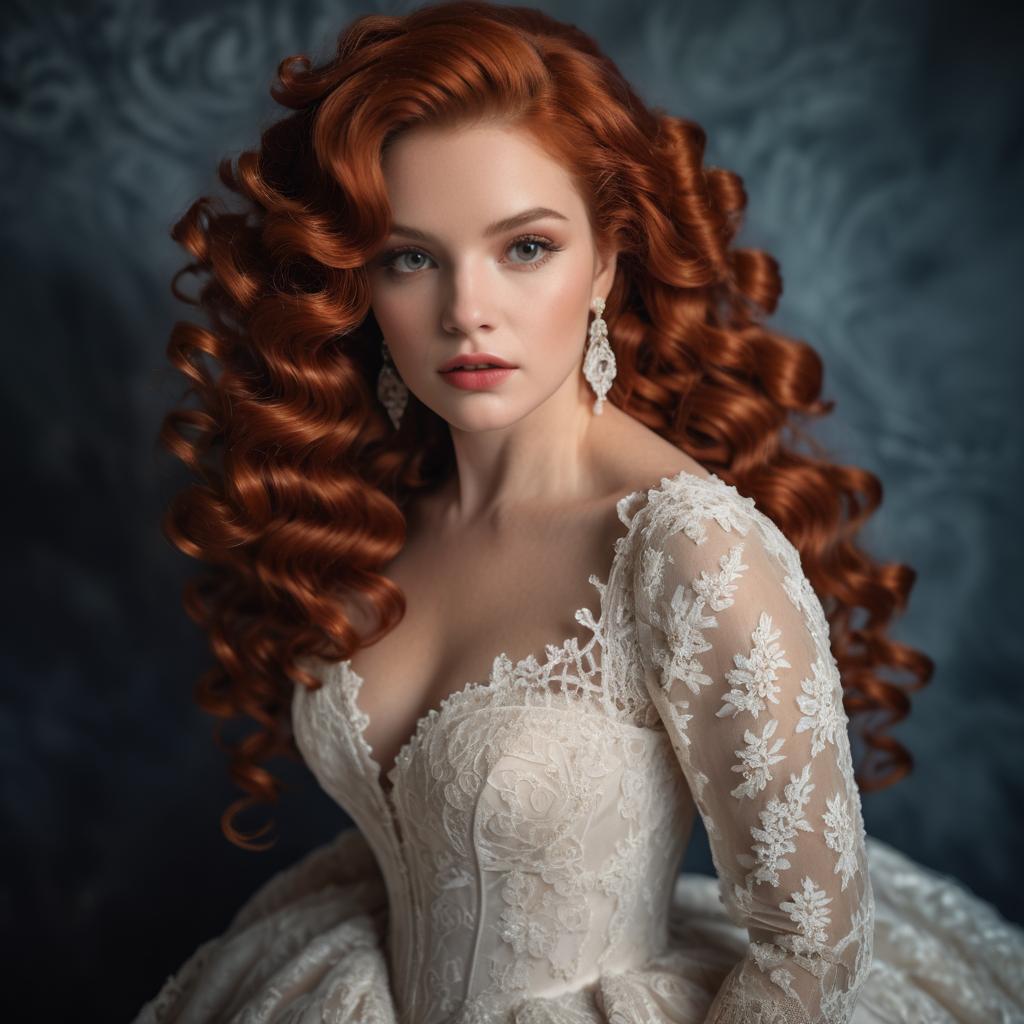 Elegant Red-Haired Woman in Vintage Lace Wedding Dress with Curly Hair