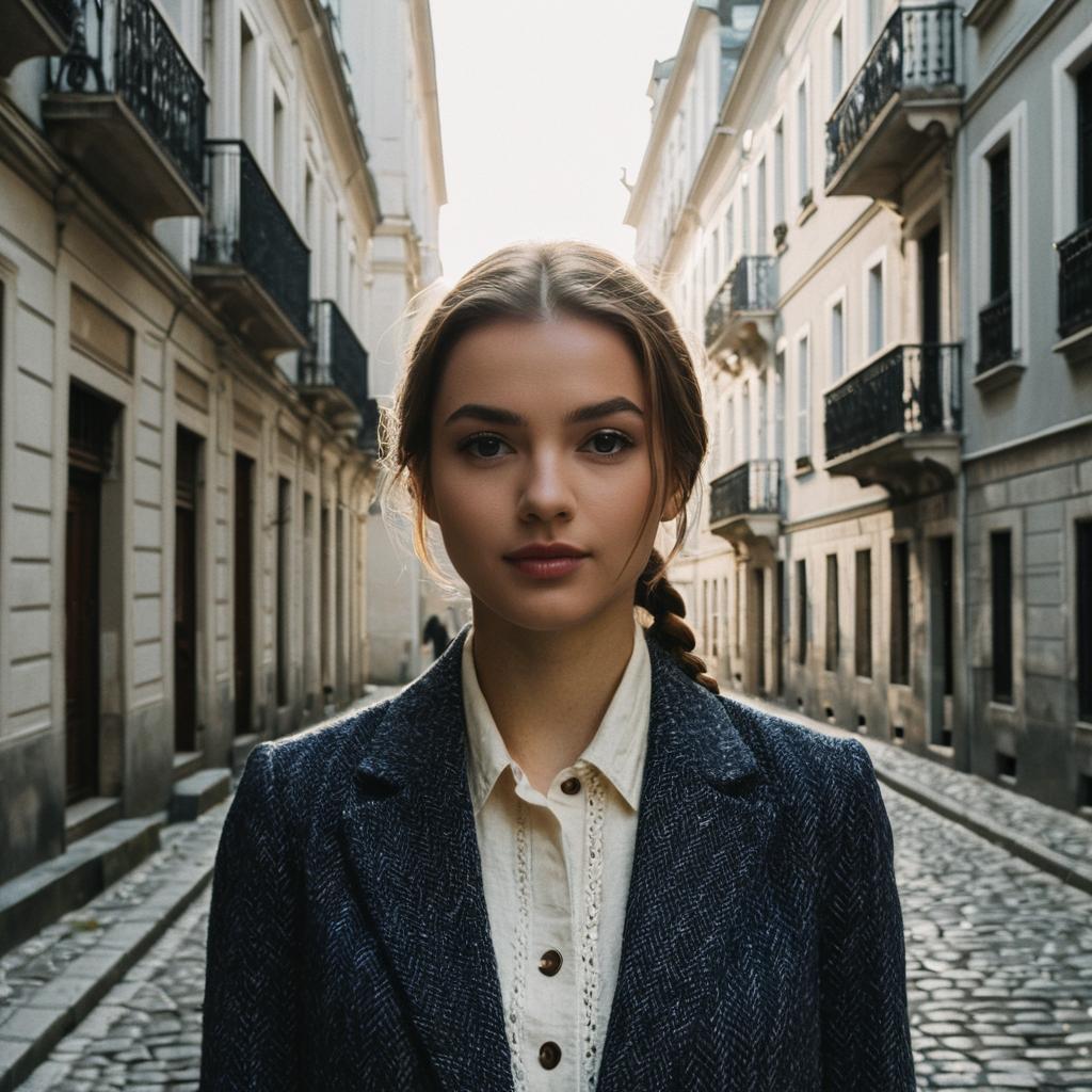 Young Woman in Elegant Outfit on European Cobblestone Street