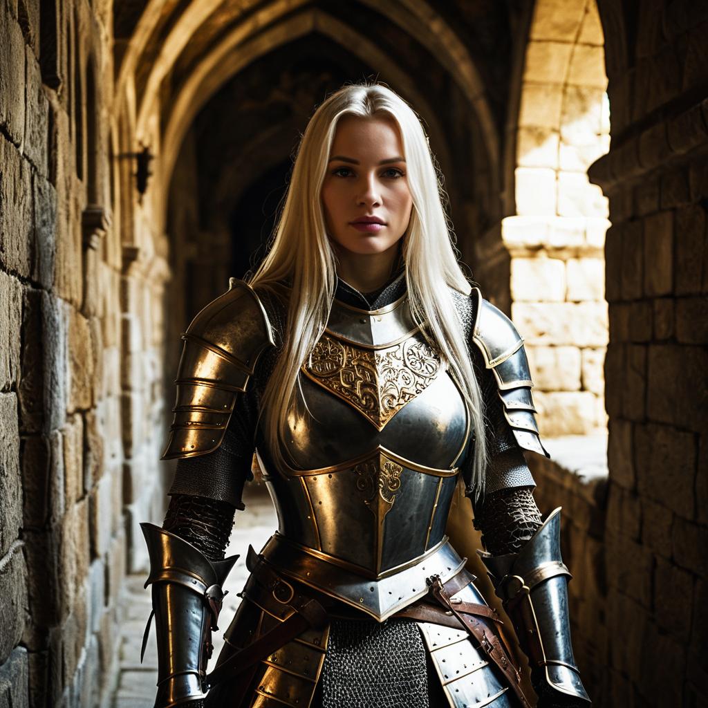 Realistic Portrait of Woman in Detailed Medieval Armor in Gothic Corridor