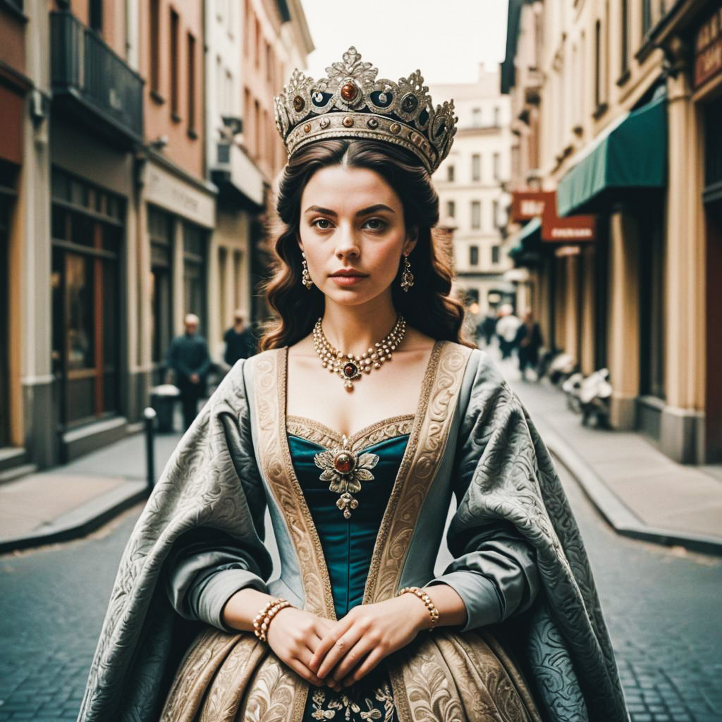 Regal Woman in Historical Gown on Cobblestone Street