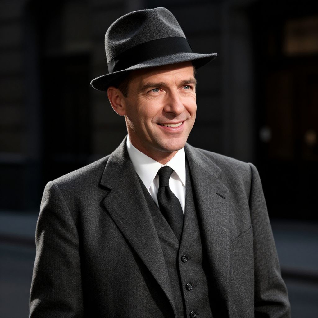 Classic 1940s Style Man in Dark Gray Suit and Fedora Hat