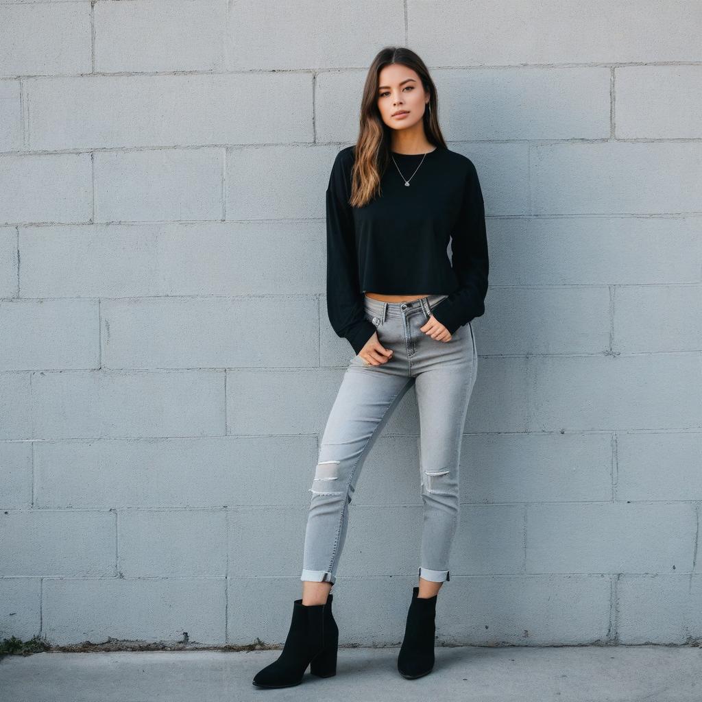 Stylish Woman in Casual Outfit Posing Against Gray Wall Stylish Woman in Casual Outfit Posing Against Gray Wall