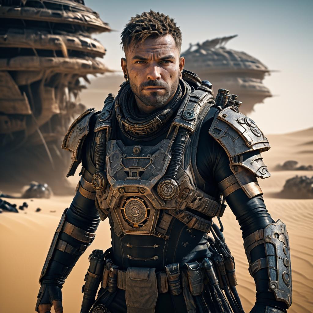 Futuristic Armor in Desert with Spacecraft