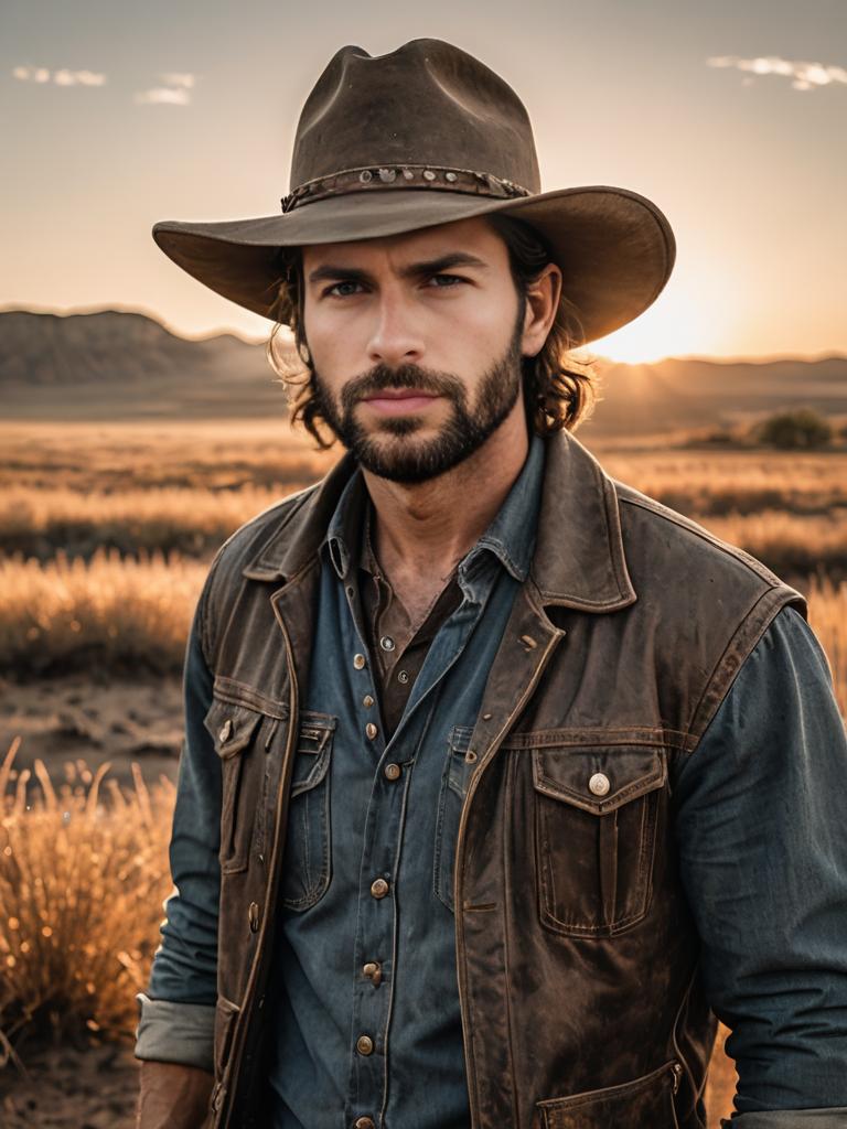 Rugged Cowboy in Golden Hour Field