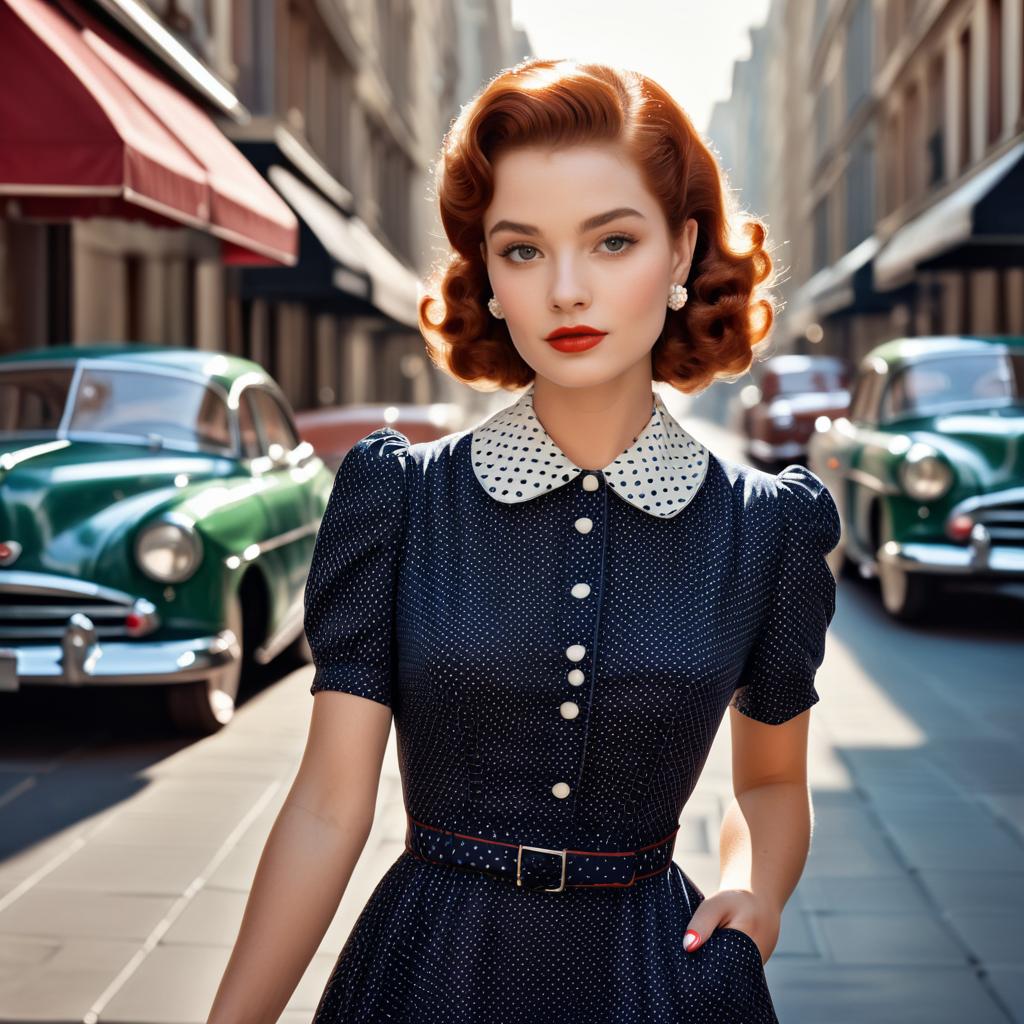 Vintage Woman in Polka Dot Dress with Retro Cars