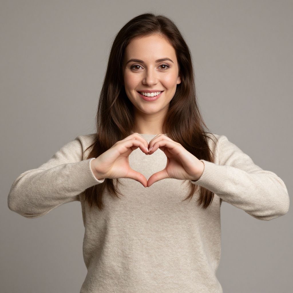 Young Woman Making Heart Hand Gesture in Beige Sweater