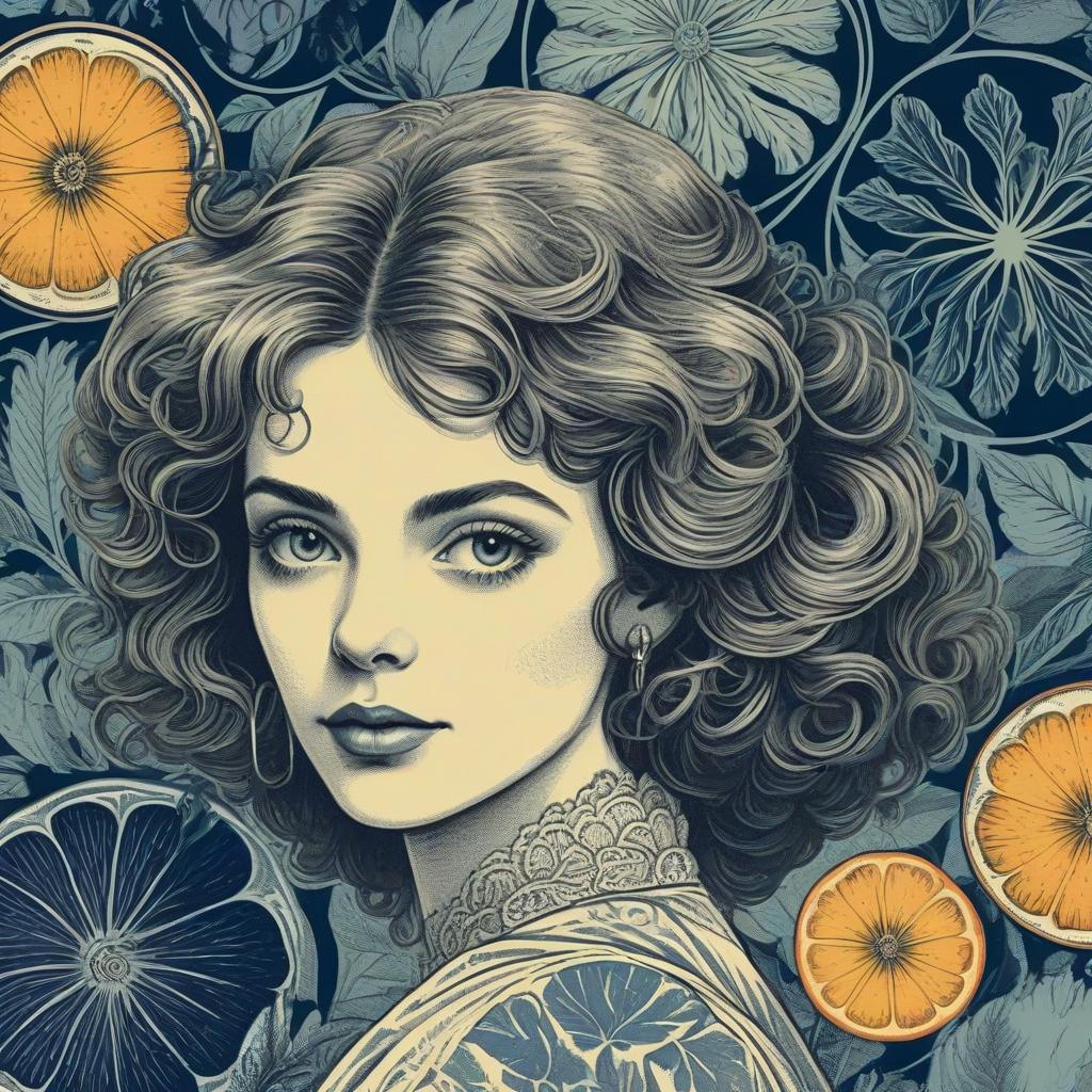 Vintage Illustration of Woman with Curly Hair and Floral Patterns