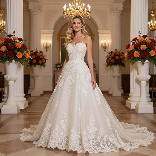 Elegant Lace Strapless Wedding Dress in Grand Classical Venue