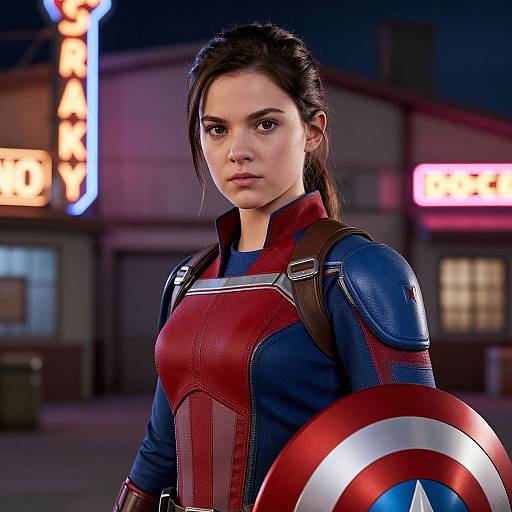 Woman in Modern Captain America Costume Holding Shield at Night