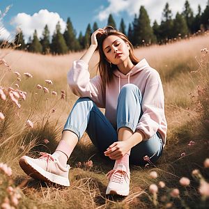 Young Woman in Meadow with Pink Hoodie