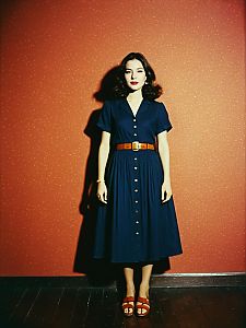Woman in Smart Casual Navy Blue Shirt Dress with Mid-Calf Length and Button Front