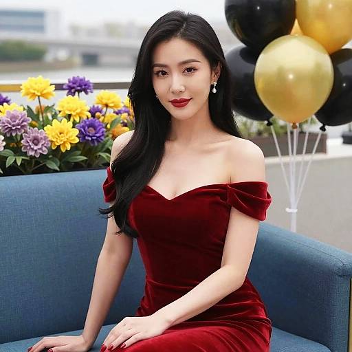Elegant Woman in Red Velvet Dress Sitting on Blue Couch with Festive Balloons