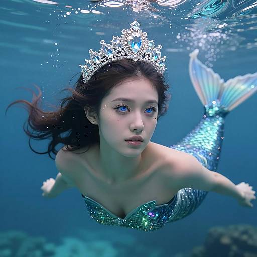 Ultra Perfect Portrait of a Fantastic Mermaid Underwater with Jeweled Crown