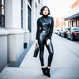 Stylish Woman in Black Leather Ensemble on City Sidewalk