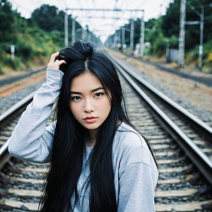 Thoughtful Woman on Railway Tracks