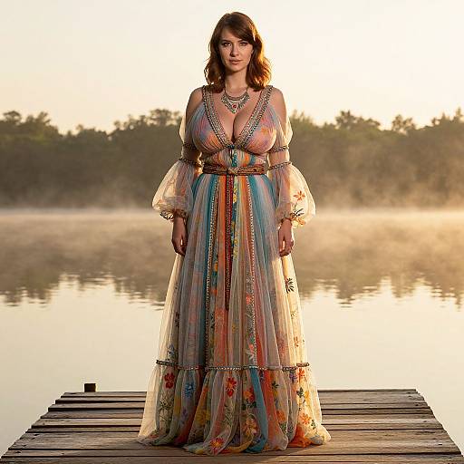 Elegant Woman in Bohemian Dress on Misty Lake Dock