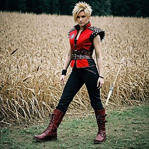 Edgy Woman in Red and Black Outfit with Bow and Arrow in Wheat Field
