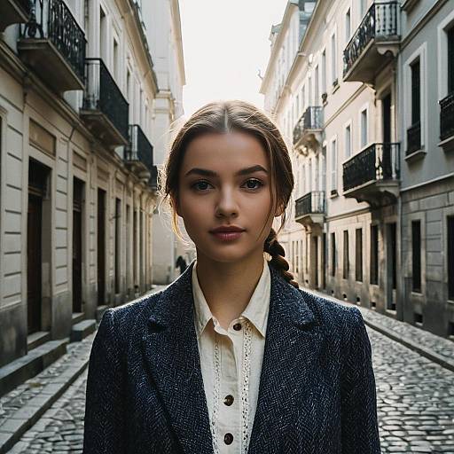 Young Woman in Elegant Outfit on European Cobblestone Street