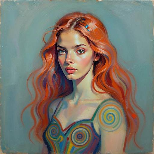 Digital Portrait of Young Woman with Red Hair and Surreal Swirl Patterns