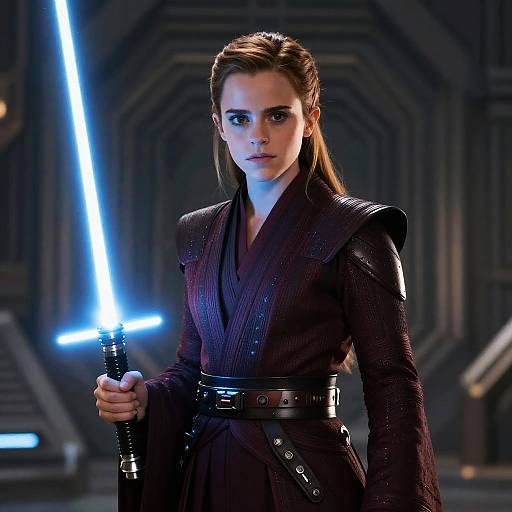 Woman Holding Blue Lightsaber in Sci-Fi Warrior Outfit