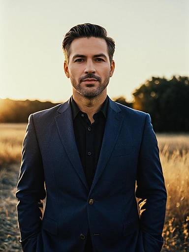 Man in Navy Blue Suit with Black Shirt Outdoor Photorealistic Portrait