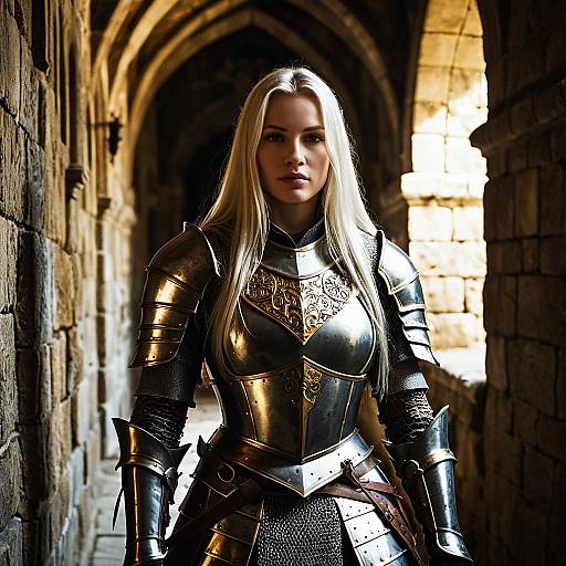 Realistic Portrait of Woman in Detailed Medieval Armor in Gothic Corridor