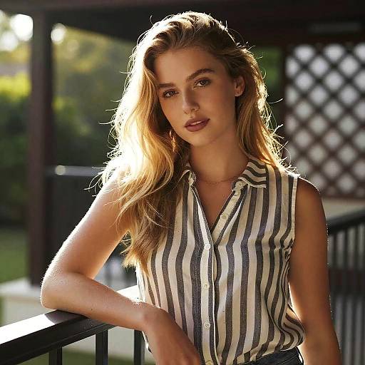 Young Blonde Woman Posing by Railing in Sunlight Wearing Striped Shirt