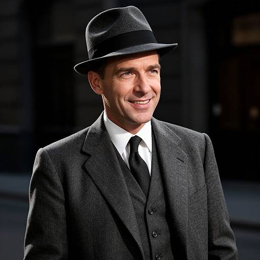 Classic 1940s Style Man in Dark Gray Suit and Fedora Hat