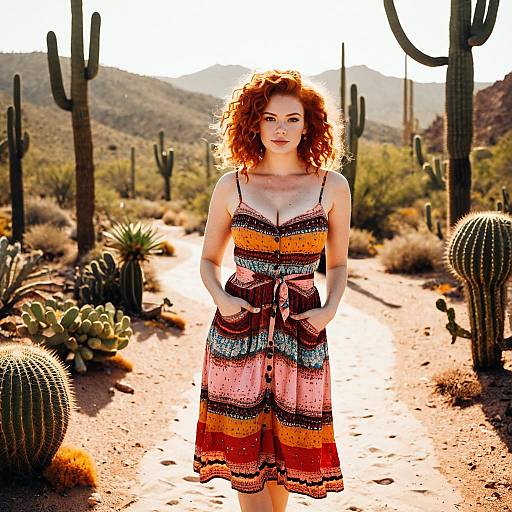 Red-Haired Woman in Colorful Dress Posing on Desert Path with Cacti