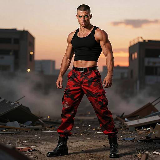 Muscular Man in Red Camouflage Pants with Futuristic Green Eyes in Urban Sunset