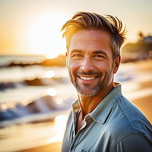 Middle-aged man smiling on beach at golden hour