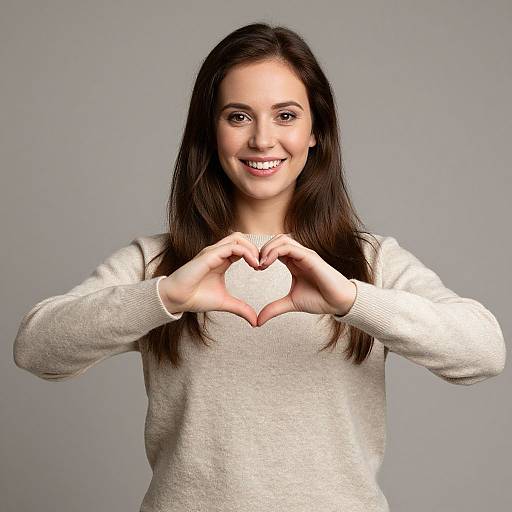 Young Woman Making Heart Hand Gesture in Beige Sweater