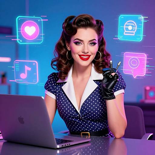 Retro Pin-Up Woman with Laptop and Neon Social Media Icons