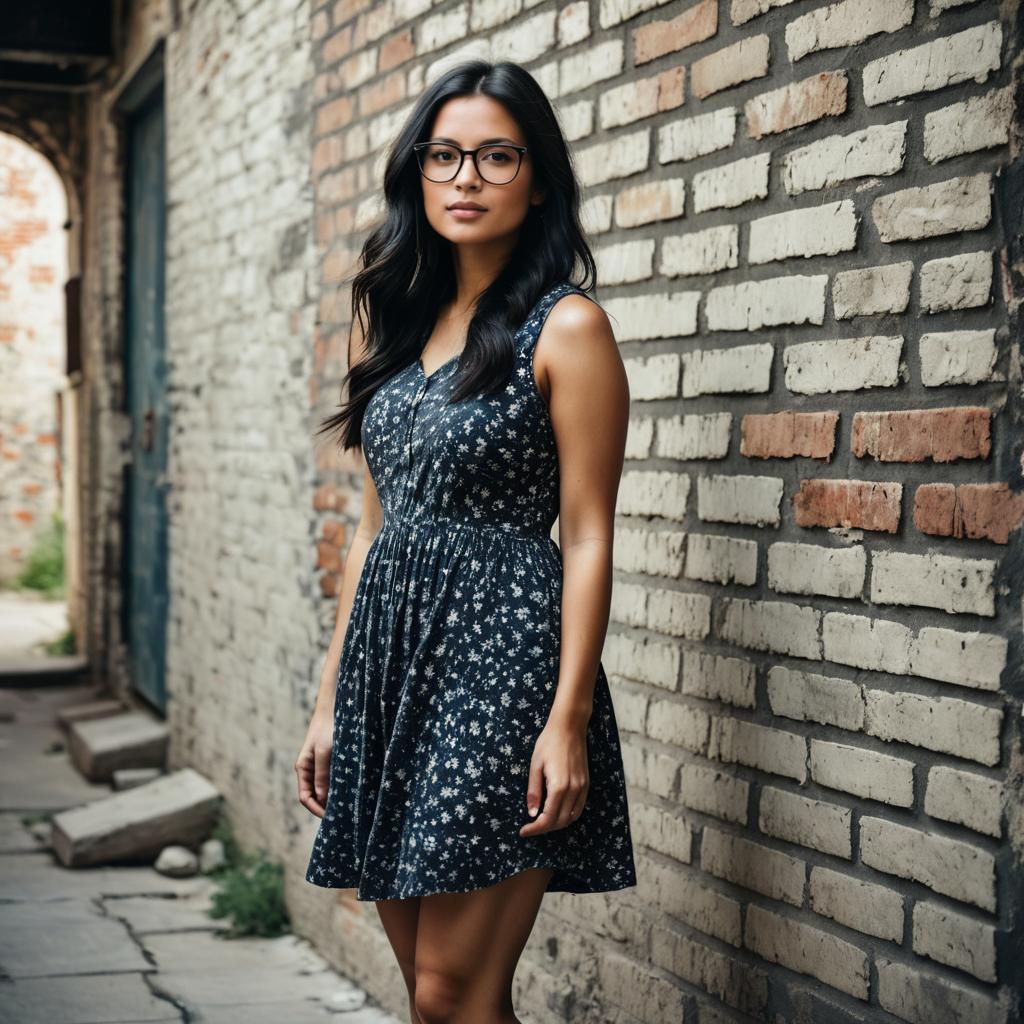 Young Woman in Floral Navy Dress Standing by Rustic Brick Wall