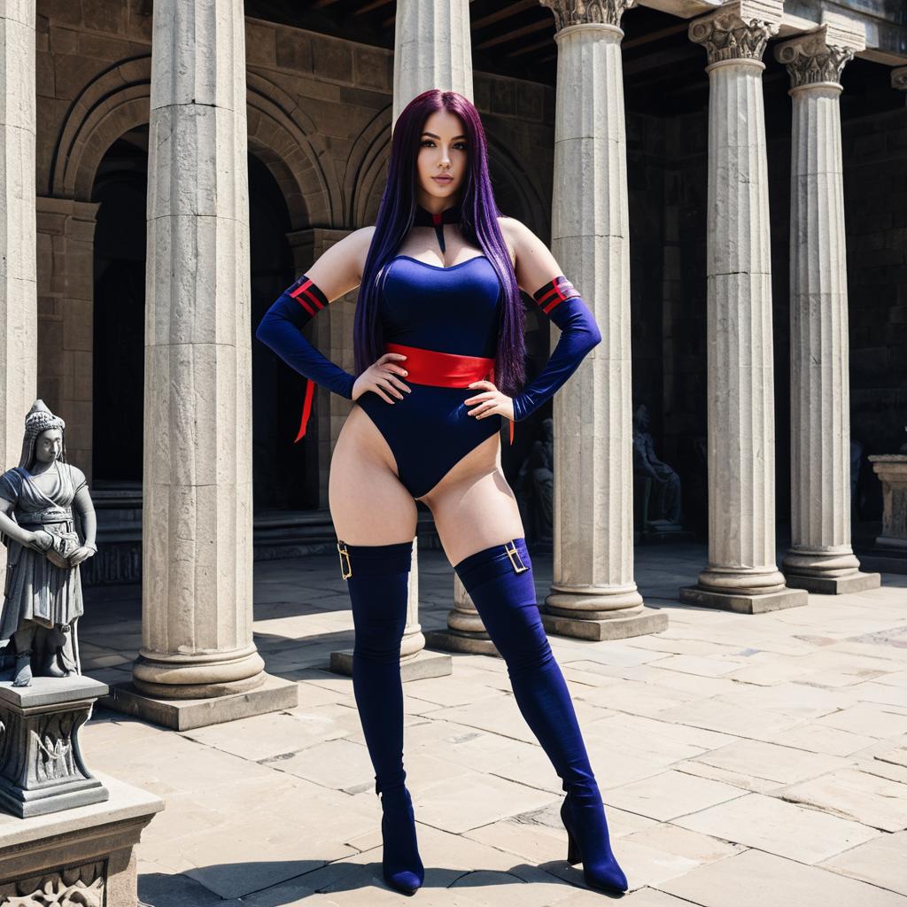 Woman in Navy Blue and Red Cosplay Outfit by Classical Stone Columns