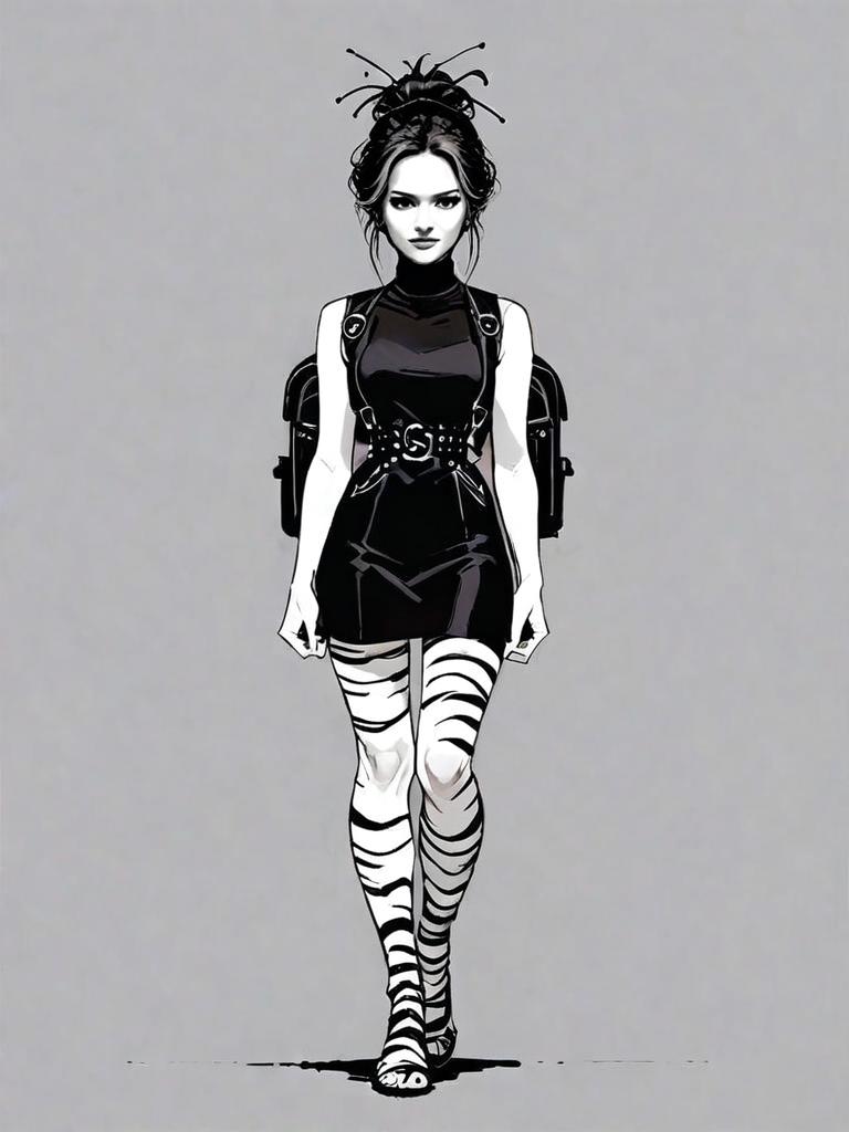 Black and White Comic Style Woman Full Body Illustration with Striped Stockings