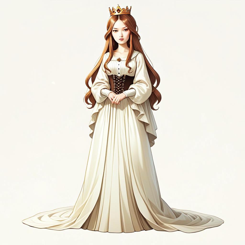 Regal Young Woman in Elegant White Gown with Golden Crown