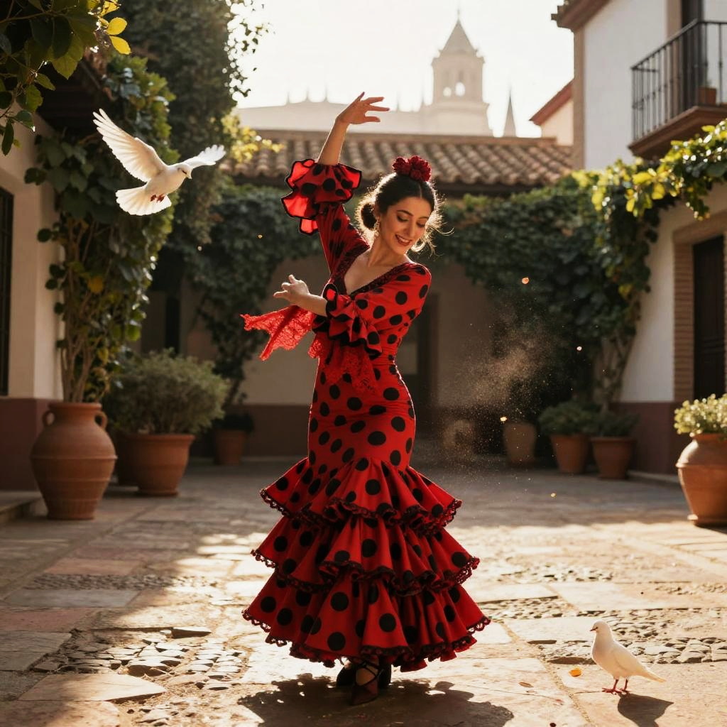 Flamenco Dancer in Red Polka Dot Dress with White Doves in Courtyard