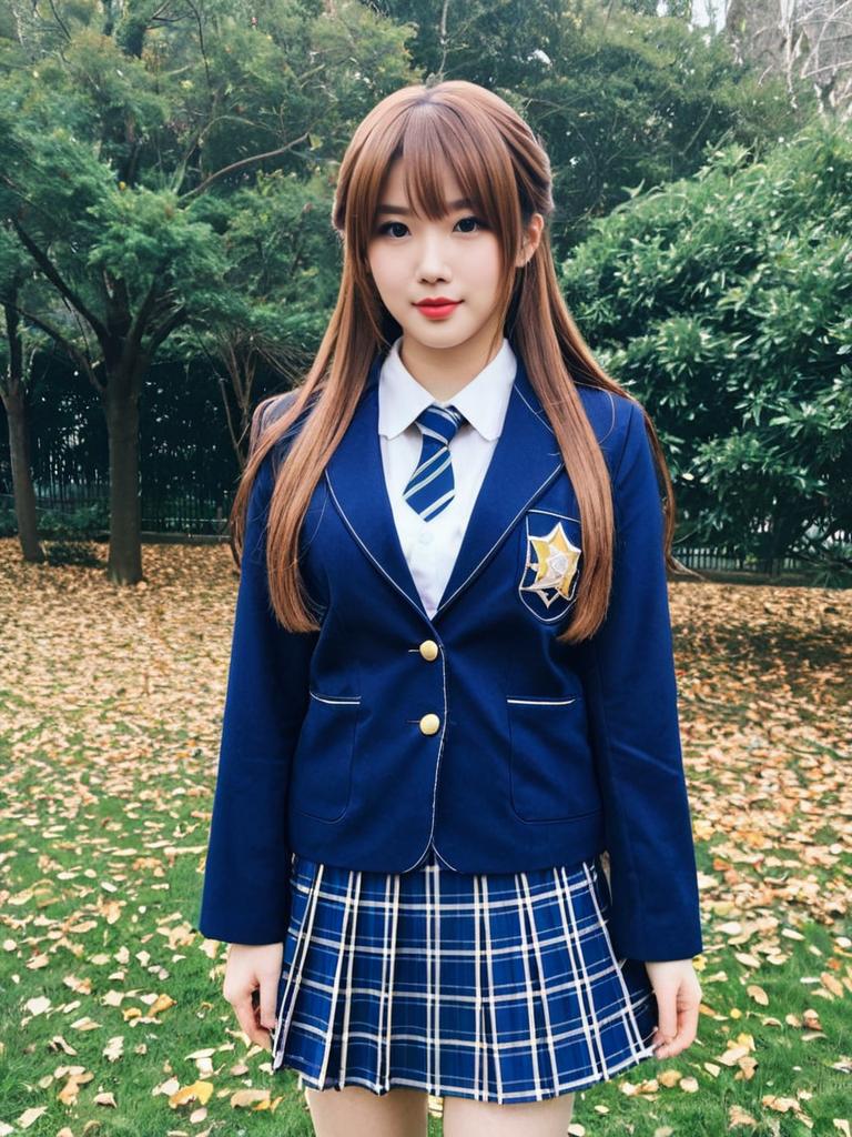 Young Woman in Blue Plaid School Uniform Outdoors with Autumn Leaves