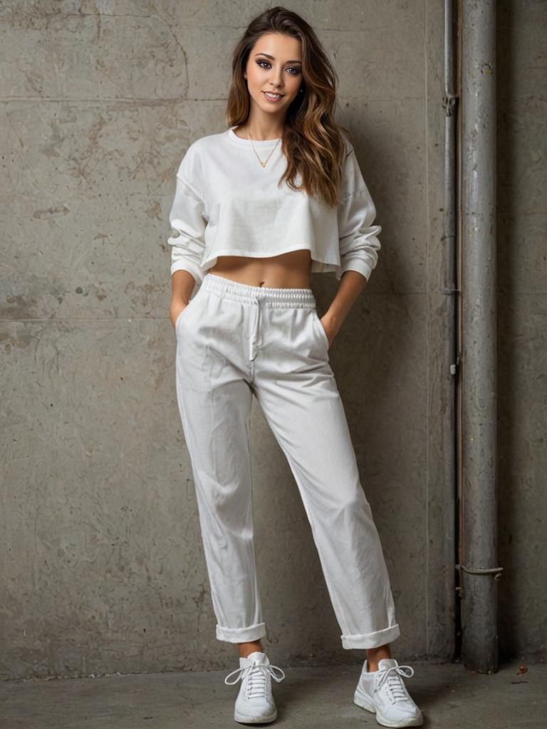 Stylish woman in white crop top and joggers against concrete wall