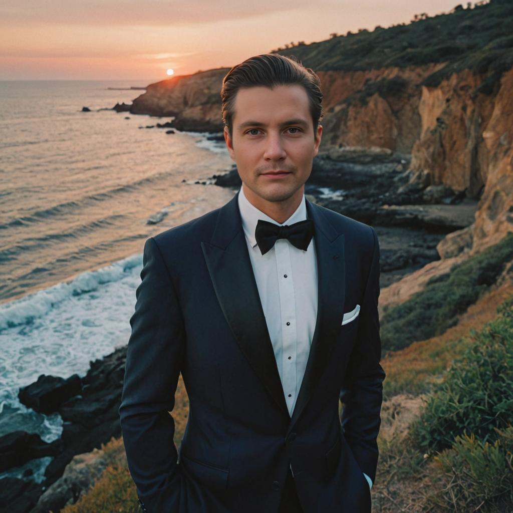 Man in Black Suit at Coastal Sunset