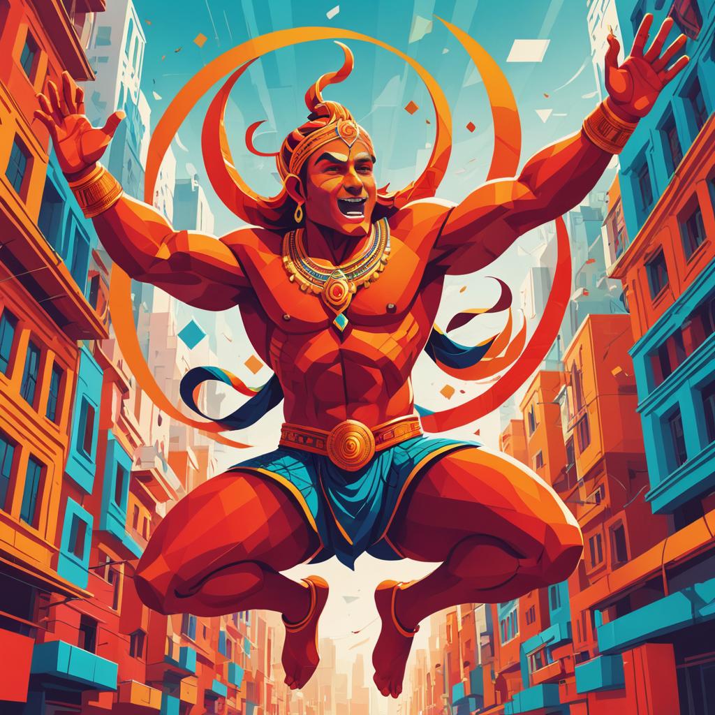 Hanuman Leaping in Vibrant Cityscape