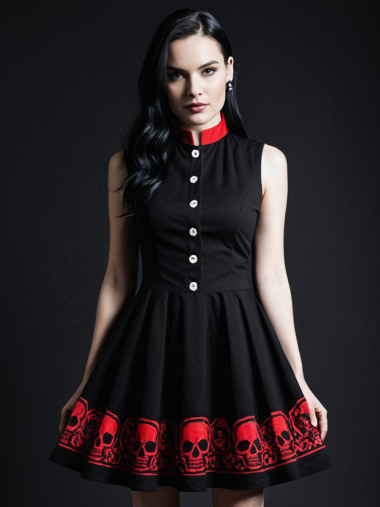 Gothic-Inspired Black Sleeveless Dress with Red Skull Print and Red Collar