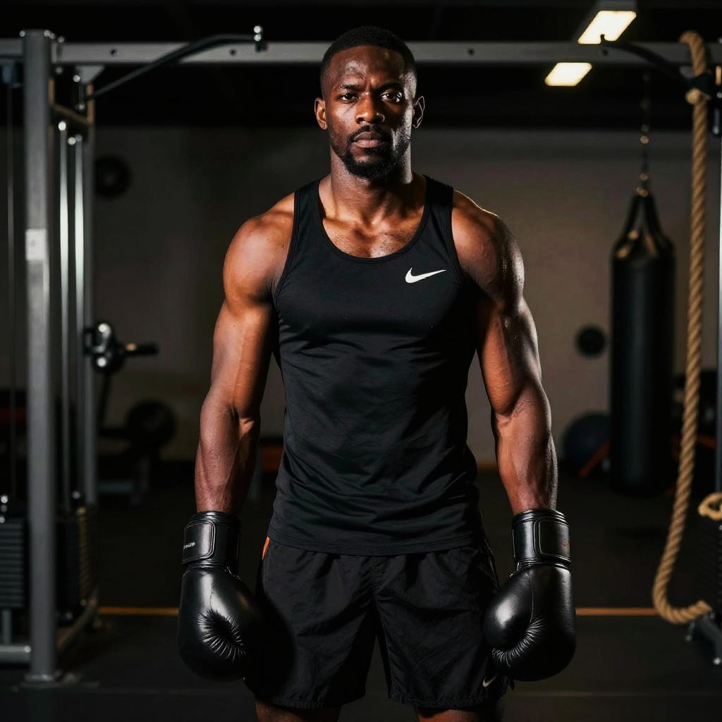 Determined Male Boxer Wearing Black Nike Gear in Gym