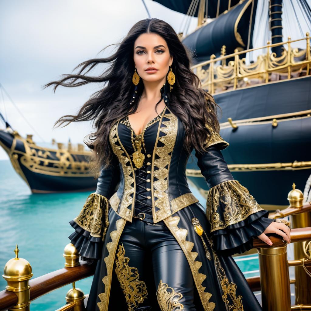 Elegant Pirate Woman Against Majestic Ship