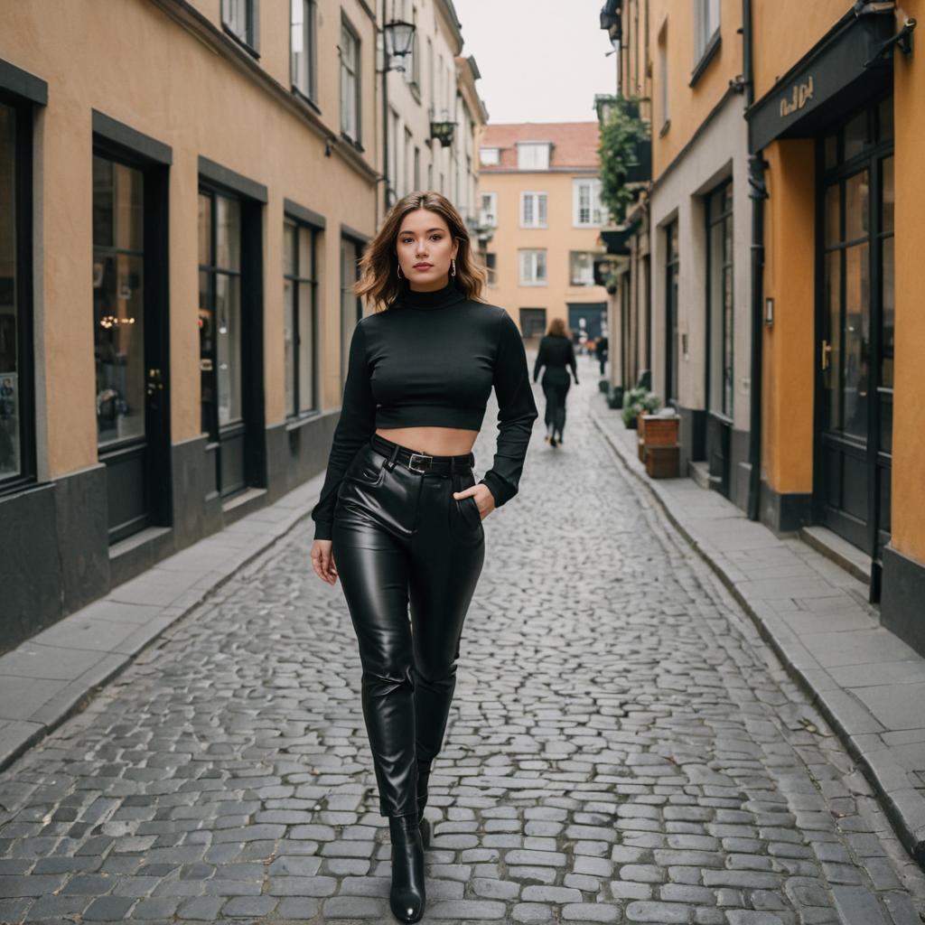 Confident Woman in All-Black Ensemble on Urban Street