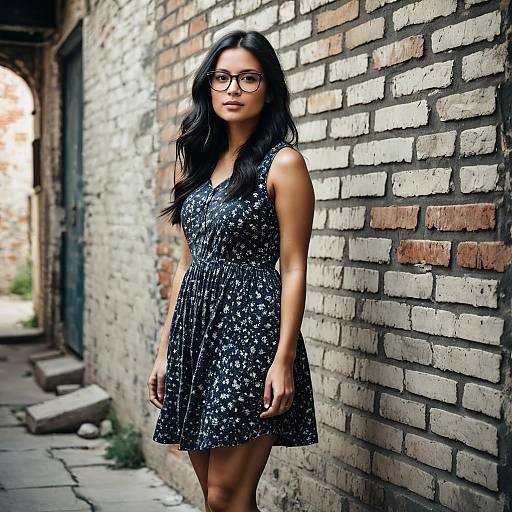 Young Woman in Floral Navy Dress Standing by Rustic Brick Wall