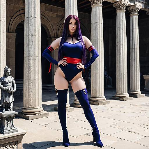 Woman in Navy Blue and Red Cosplay Outfit by Classical Stone Columns